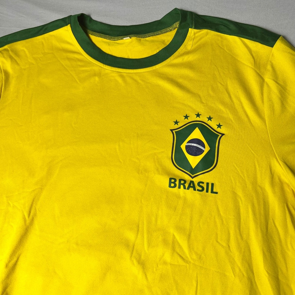 Brasil Soccer Jersey Style Ringer Tee Yellow Green Number 7 Mens Medium